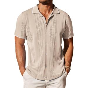 COOFANDY Men’s Knit Button Down Shirt Vintage Short Sleeve Polo Shirts Casual Beach Tops(Khaki)