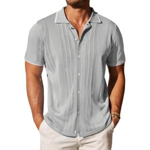 COOFANDY Men’s Knit Button Down Shirt Vintage Short Sleeve Polo Shirts Casual Beach Tops(Light Gray)