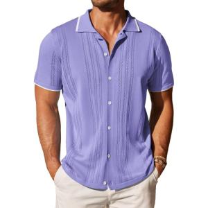 COOFANDY Men’s Knit Button Down Shirt Vintage Short Sleeve Polo Shirts Casual Beach Tops(Light Purple)