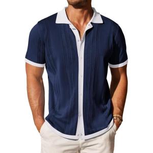COOFANDY Men’s Knit Button Down Shirt Vintage Short Sleeve Polo Shirts Casual Beach Tops(Navy & White)