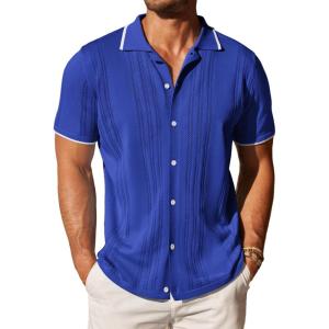 COOFANDY Men’s Knit Button Down Shirt Vintage Short Sleeve Polo Shirts Casual Beach Tops(Royal Blue)