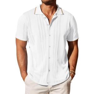 COOFANDY Men’s Knit Button Down Shirt Vintage Short Sleeve Polo Shirts Casual Beach Tops(White)