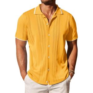 COOFANDY Men’s Knit Button Down Shirt Vintage Short Sleeve Polo Shirts Casual Beach Tops(Yellow)