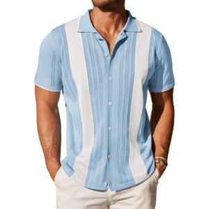 COOFANDY Men’s Knit Button Down Shirt Vintage Short Sleeve Polo Shirts Casual Beach Tops(Z Stripe – Blue White)