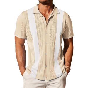 COOFANDY Men’s Knit Button Down Shirt Vintage Short Sleeve Polo Shirts Casual Beach Tops(Z Stripe – Khaki White)