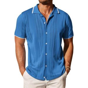 COOFANDY Men’s Knit Button Down Shirt Vintage Short Sleeve Polo Shirts Casual Beach Tops(‌demin Blue)