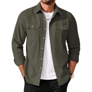 COOFANDY Men’s Long Sleeve Button Up Shirt Jacket with Flap Pockets(Army Green)