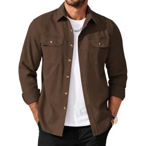 COOFANDY Men’s Long Sleeve Button Up Shirt Jacket with Flap Pockets(Brown)