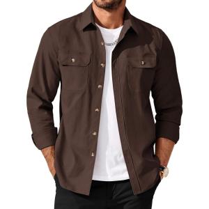 COOFANDY Men’s Long Sleeve Button Up Shirt Jacket with Flap Pockets(Coffee)
