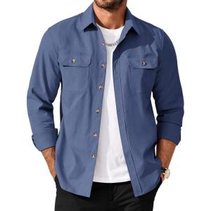 COOFANDY Men’s Long Sleeve Button Up Shirt Jacket with Flap Pockets(Denim Blue)