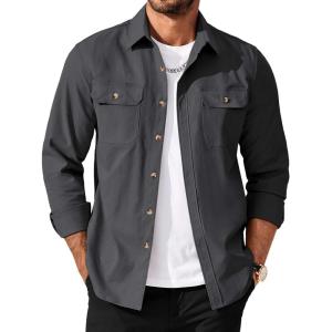 COOFANDY Men’s Long Sleeve Button Up Shirt Jacket with Flap Pockets(Gray)
