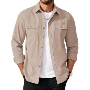 COOFANDY Men’s Long Sleeve Button Up Shirt Jacket with Flap Pockets(Light Khaki)