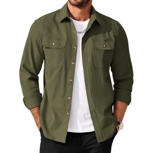 COOFANDY Men’s Long Sleeve Button Up Shirt Jacket with Flap Pockets(Olive Green)