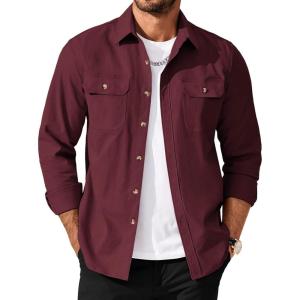 COOFANDY Men’s Long Sleeve Button Up Shirt Jacket with Flap Pockets(Wine Red)