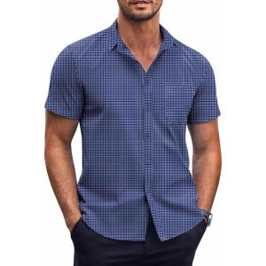 COOFANDY Mens Short Sleeve Button Down Shirts Wrinkle Free Dress Shirts Casual Polka Dot Print Shirt with Pocket(Blue Plaid(square))