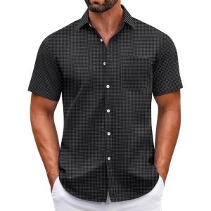 COOFANDY Mens Short Sleeve Casual Button Down Shirts Summer Untucked Dress Shirts with Pocket(Black Plaid Pattern)