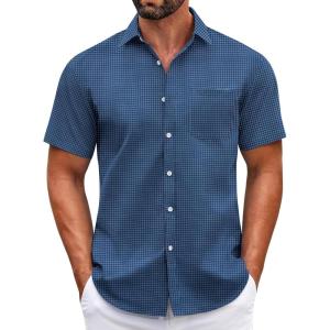 COOFANDY Mens Short Sleeve Casual Button Down Shirts Summer Untucked Dress Shirts with Pocket(Blue Plaid Pattern)