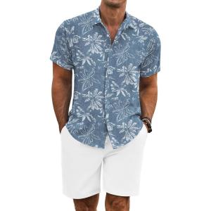COOFANDY Men’s Summer Beach Outfits 2 Piece Short Sleeve Shirts and Shorts Vacation Texture Linen Sets for Men(Denim Blue – Floral)