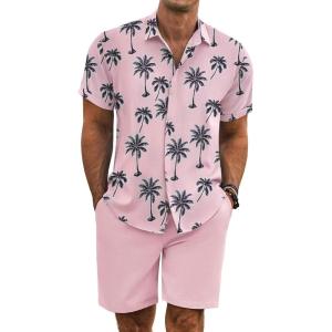 COOFANDY Men’s Summer Beach Outfits 2 Piece Short Sleeve Shirts and Shorts Vacation Texture Linen Sets for Men(Pink Leaf)