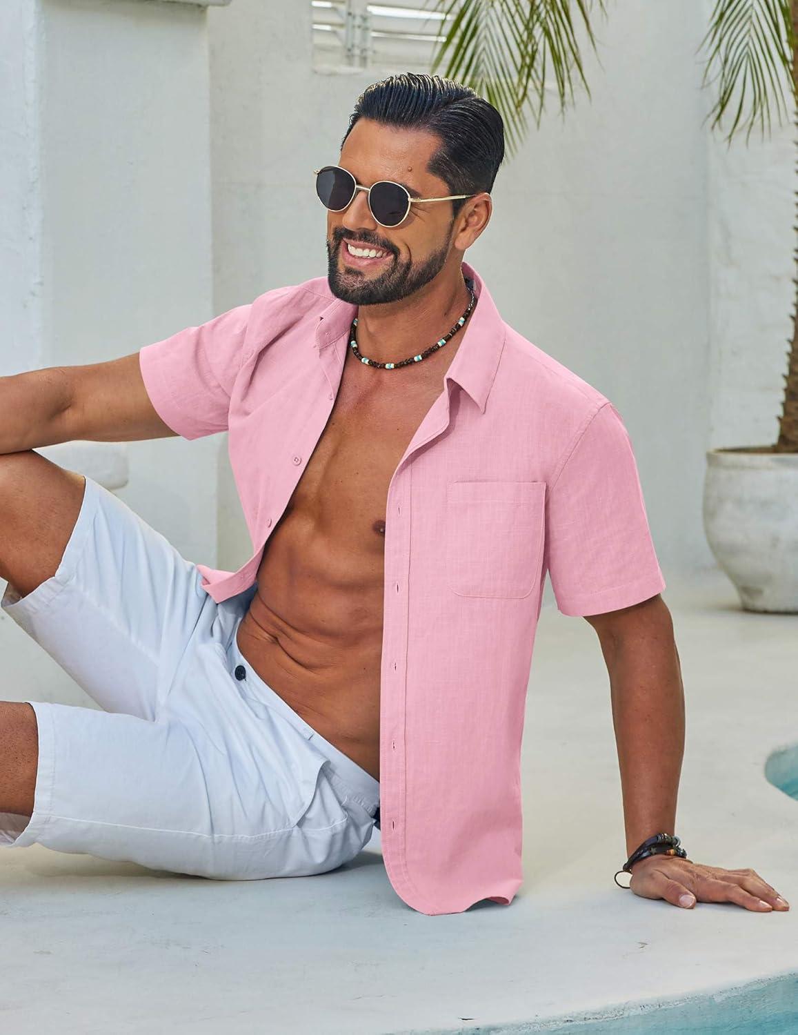 imageCOOFANDY Mens Button Down Shirt Short Sleeve Casual Stylish Cotton Shirts Linen Textured Summer Beach Wedding ShirtPink