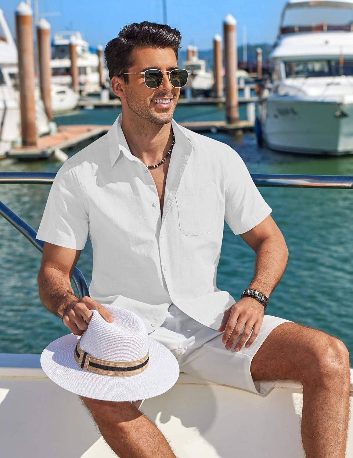 imageCOOFANDY Mens Button Down Shirt Short Sleeve Casual Stylish Cotton Shirts Linen Textured Summer Beach Wedding ShirtWhite