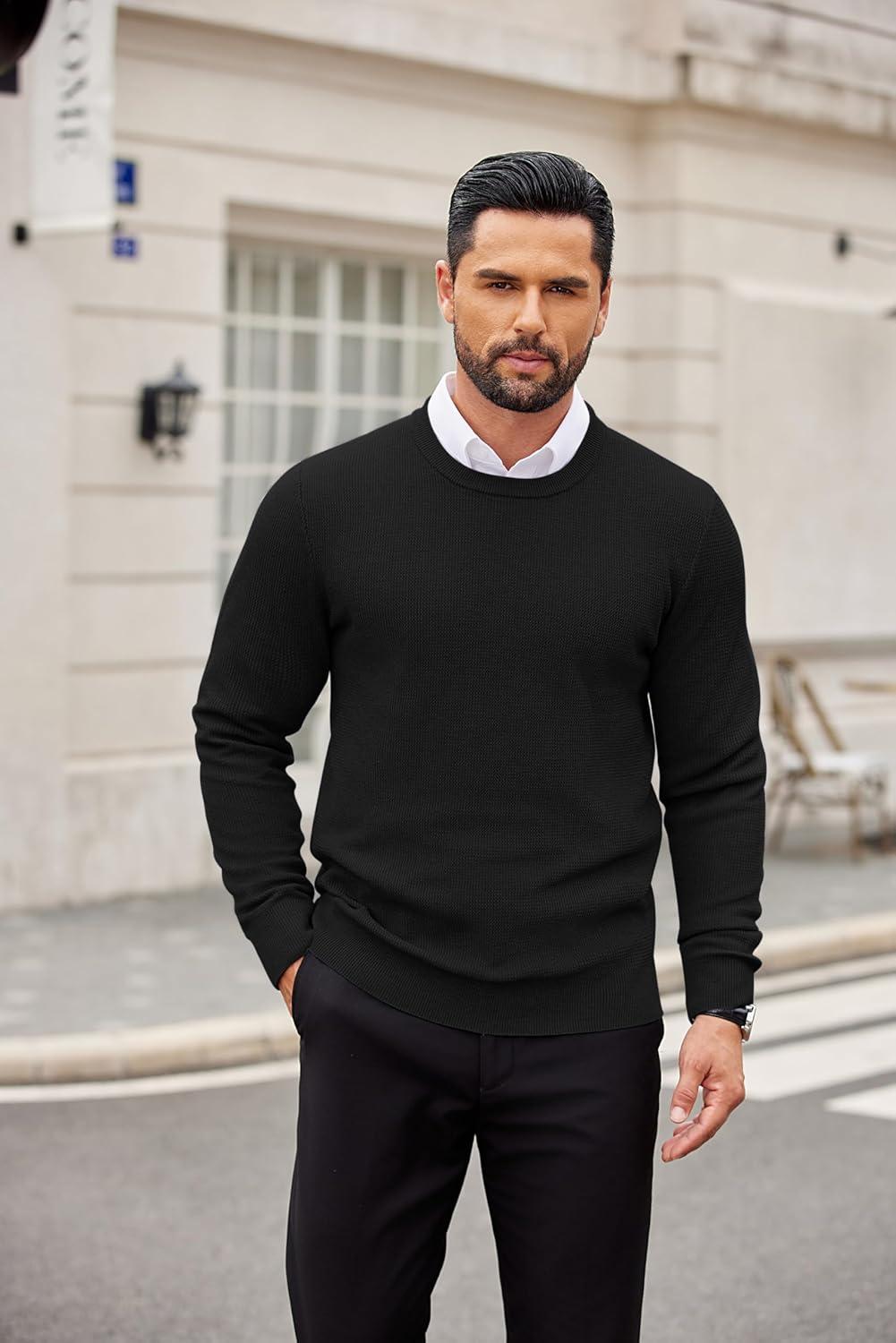imageCOOFANDY Mens Crewneck Sweater Dress Long Sleeve Pullover Sweater Knit Lightweight SweatersBlack