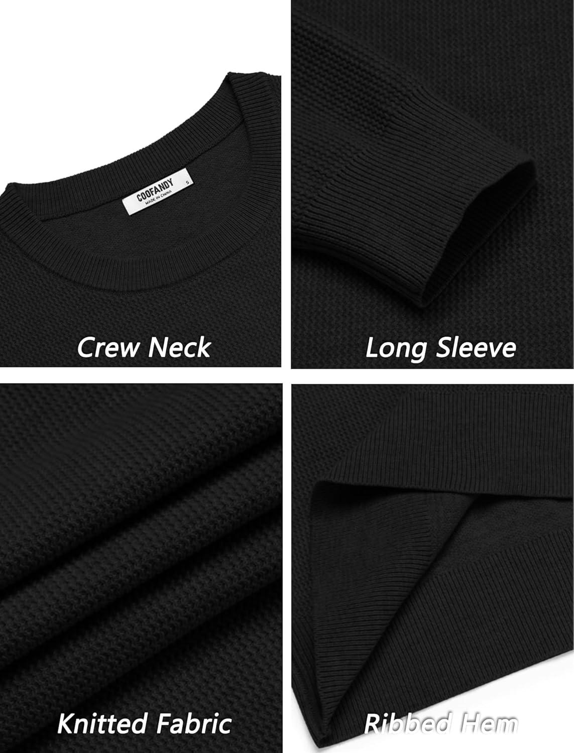 imageCOOFANDY Mens Crewneck Sweater Dress Long Sleeve Pullover Sweater Knit Lightweight SweatersBlack