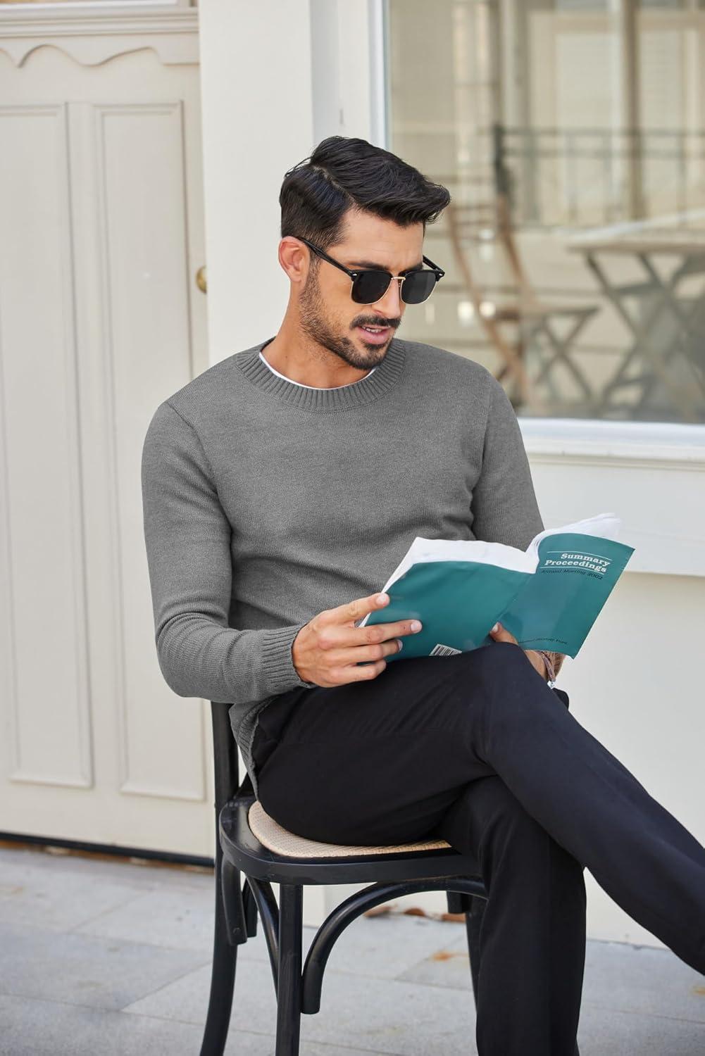 imageCOOFANDY Mens Crewneck Sweaters Knit Dress Pullover Long Sleeve Lightweight Sweatshirt Casual Dress SweaterGrey