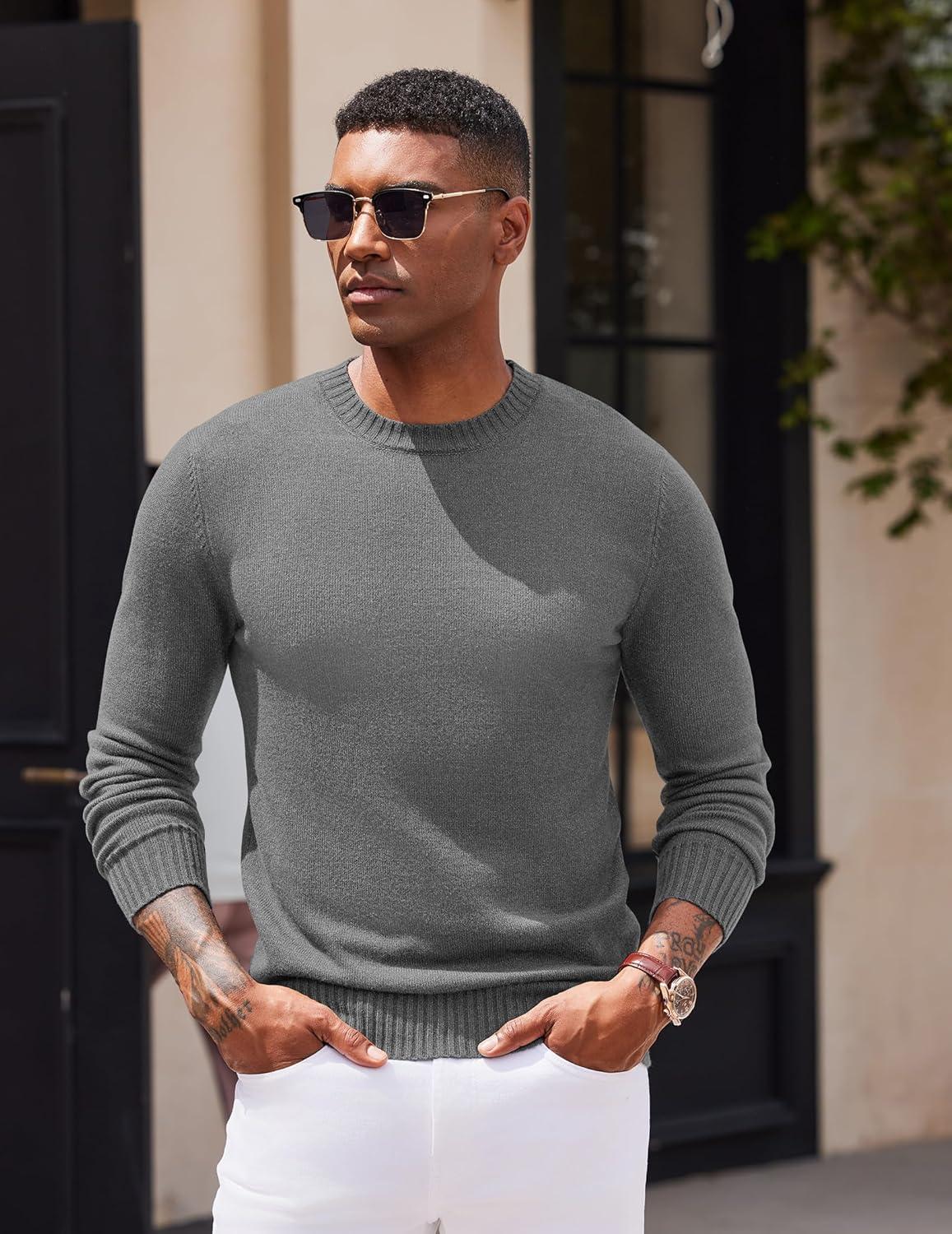 imageCOOFANDY Mens Crewneck Sweaters Knit Dress Pullover Long Sleeve Lightweight Sweatshirt Casual Dress SweaterGrey