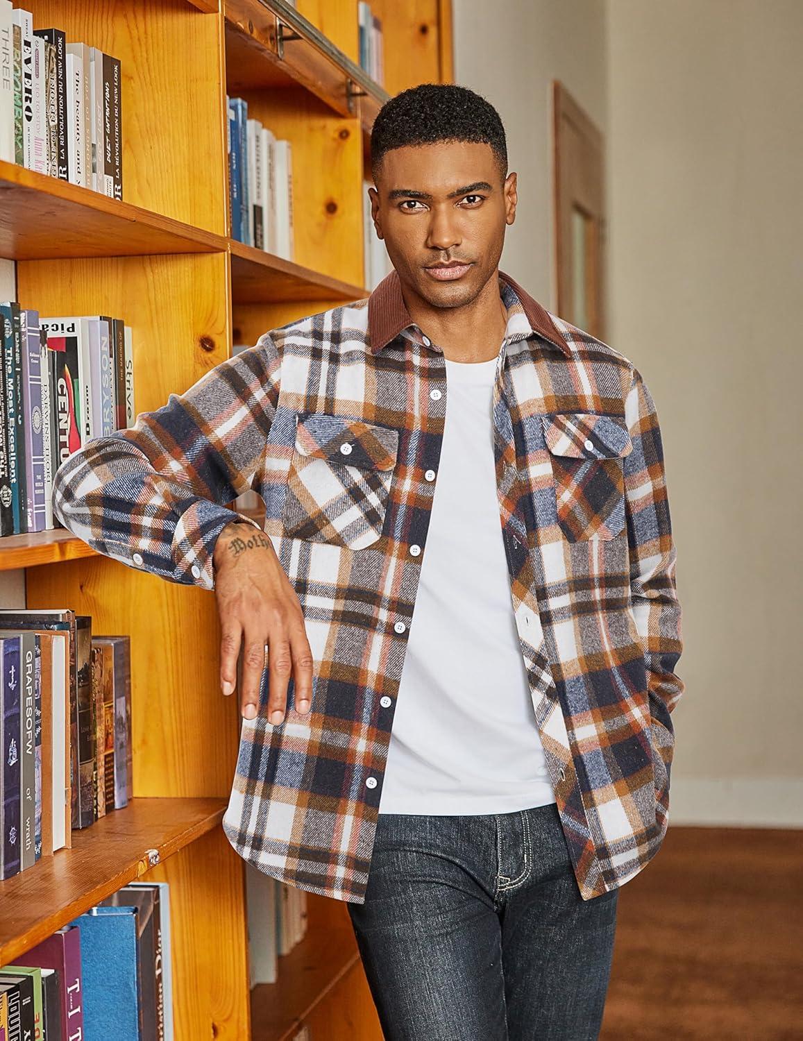 imageCOOFANDY Mens Flannel Long Sleeve Plaid Button Down Shirt with PocketsBrown