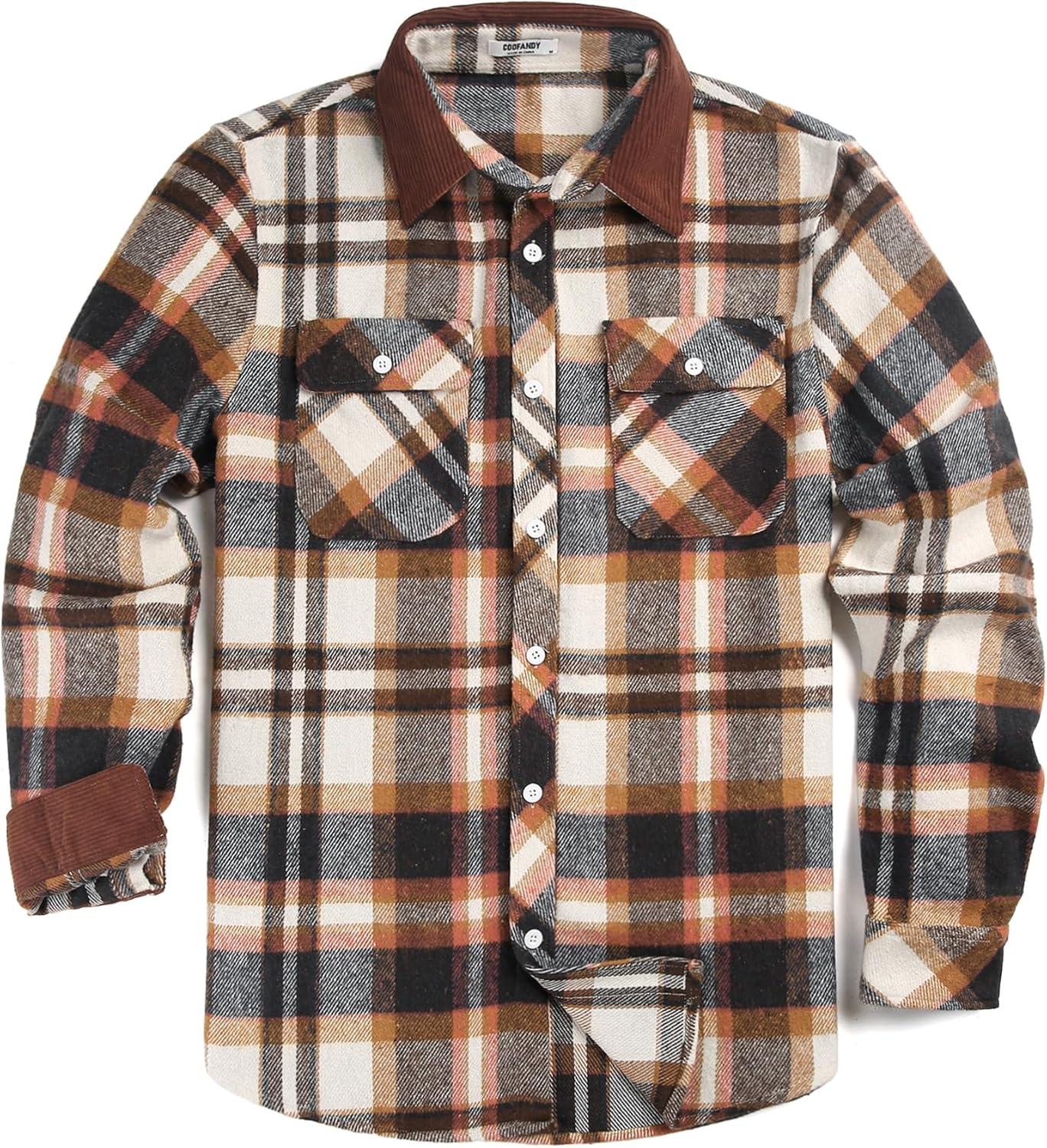 imageCOOFANDY Mens Flannel Long Sleeve Plaid Button Down Shirt with PocketsBrown