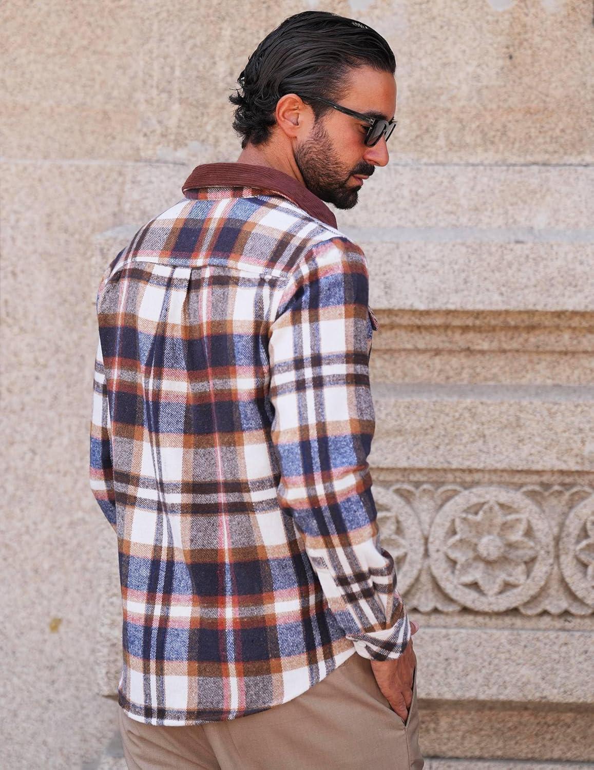 imageCOOFANDY Mens Flannel Long Sleeve Plaid Button Down Shirt with PocketsBrown