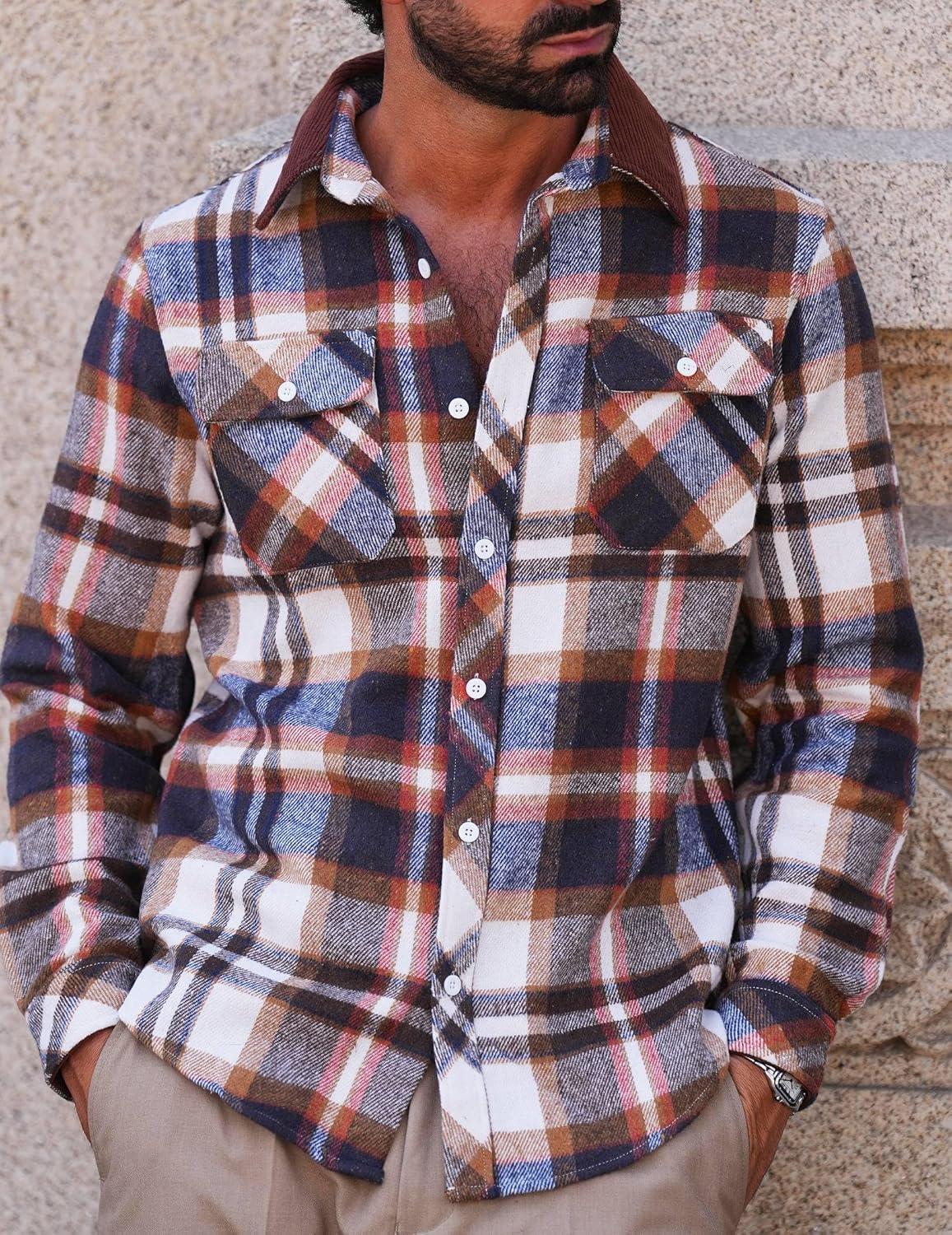 imageCOOFANDY Mens Flannel Long Sleeve Plaid Button Down Shirt with PocketsBrown