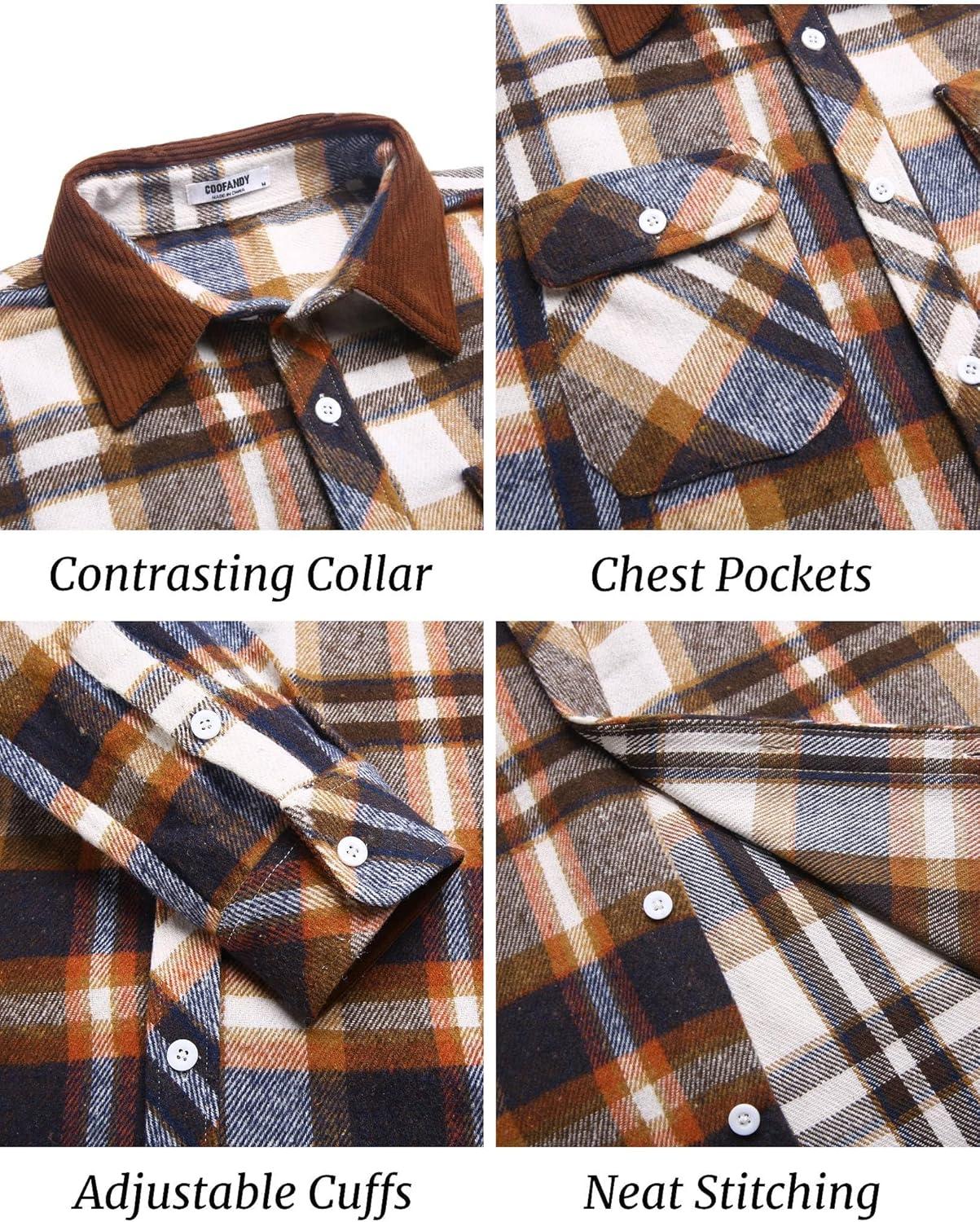 imageCOOFANDY Mens Flannel Long Sleeve Plaid Button Down Shirt with PocketsBrown