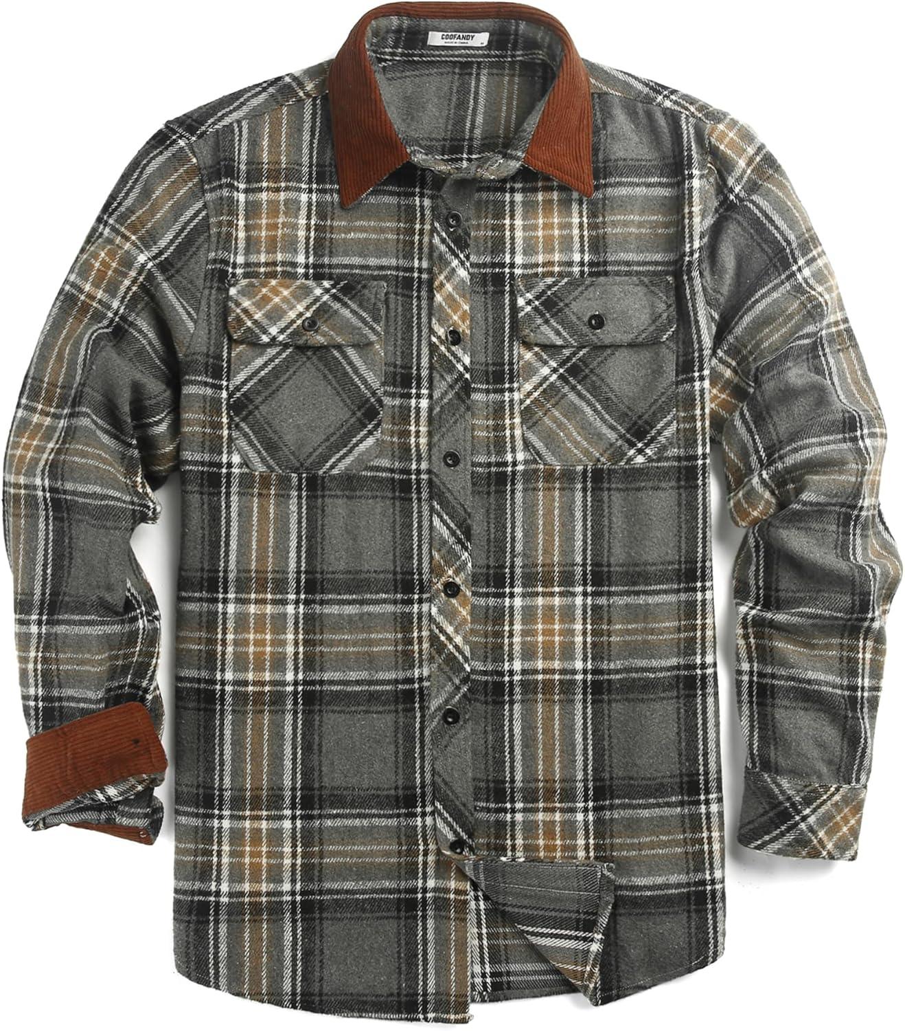 imageCOOFANDY Mens Flannel Long Sleeve Plaid Button Down Shirt with PocketsGrey