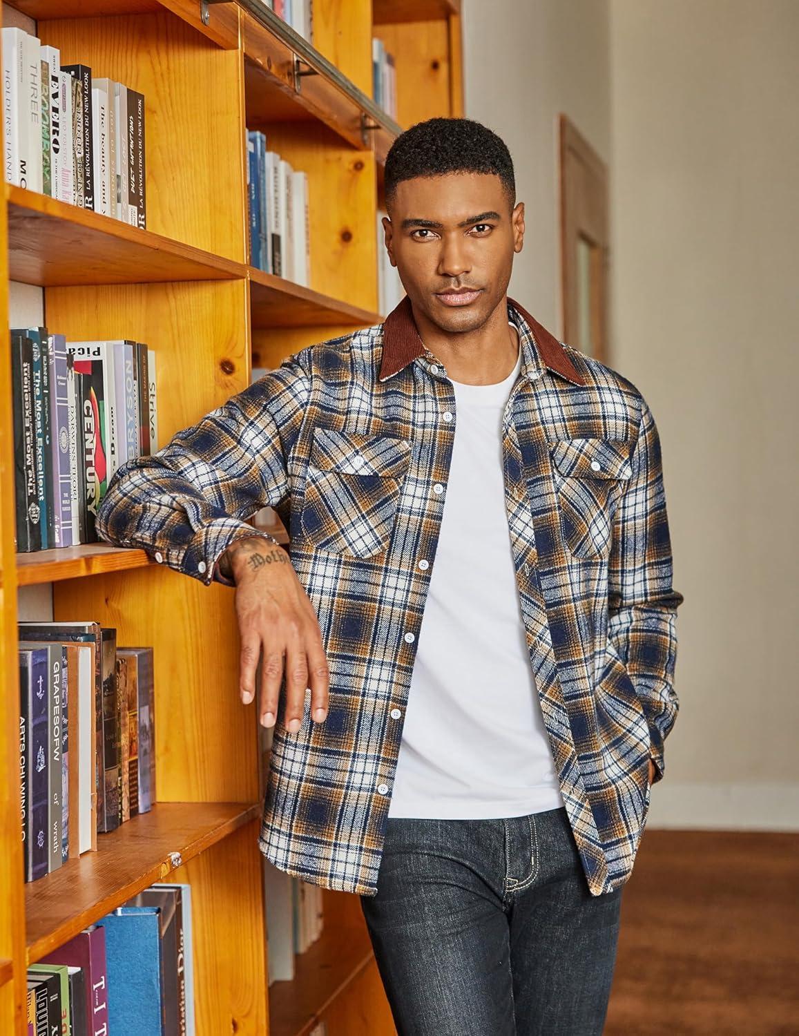 imageCOOFANDY Mens Flannel Long Sleeve Plaid Button Down Shirt with PocketsNavy
