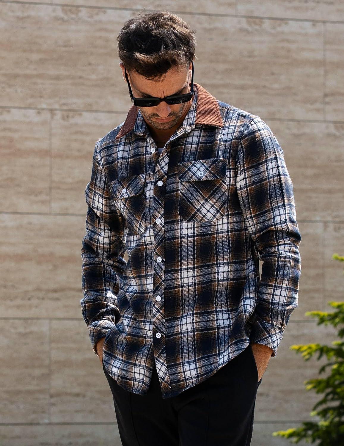imageCOOFANDY Mens Flannel Long Sleeve Plaid Button Down Shirt with PocketsNavy