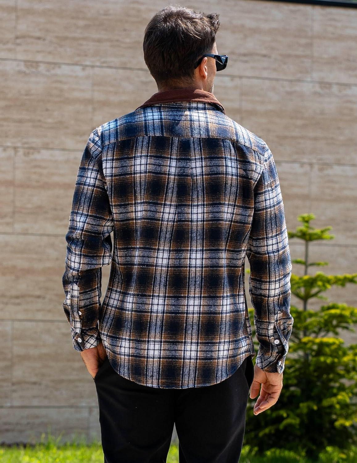 imageCOOFANDY Mens Flannel Long Sleeve Plaid Button Down Shirt with PocketsNavy