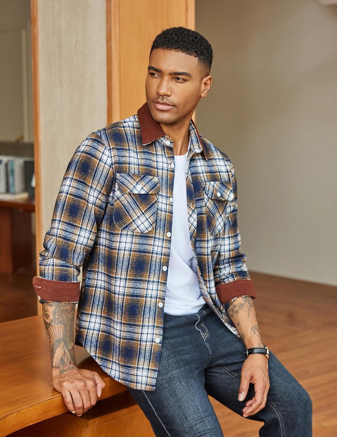 imageCOOFANDY Mens Flannel Long Sleeve Plaid Button Down Shirt with PocketsNavy