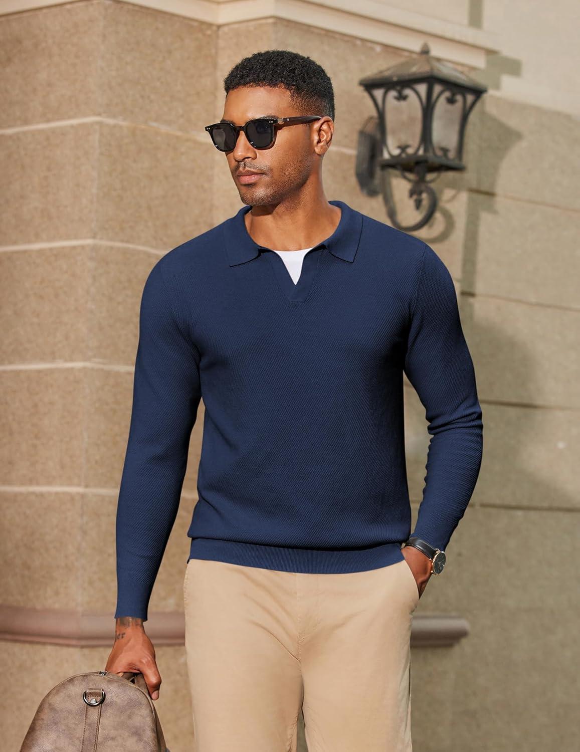 imageCOOFANDY Mens Knit Polo Sweater Long Sleeve VNeck Pullover Sweaters Casual Collared Ribbed Knitted PolosNavy Blue
