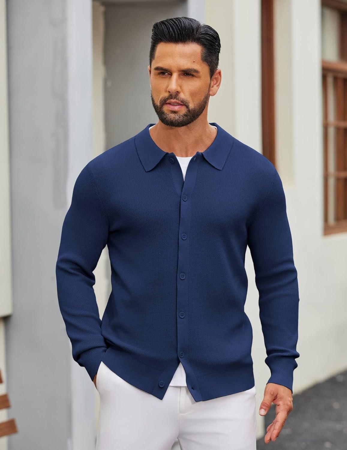 imageCOOFANDY Mens Knit Pullover Sweater Long Sleeve Casual Sweater Open Front Ribbed SweaterNavy Blue