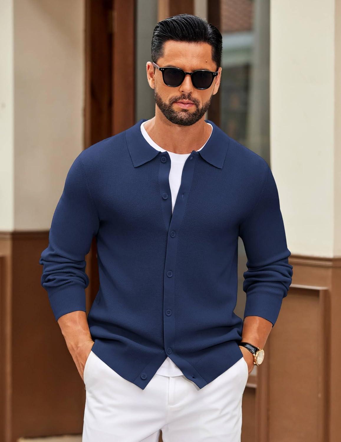 imageCOOFANDY Mens Knit Pullover Sweater Long Sleeve Casual Sweater Open Front Ribbed SweaterNavy Blue