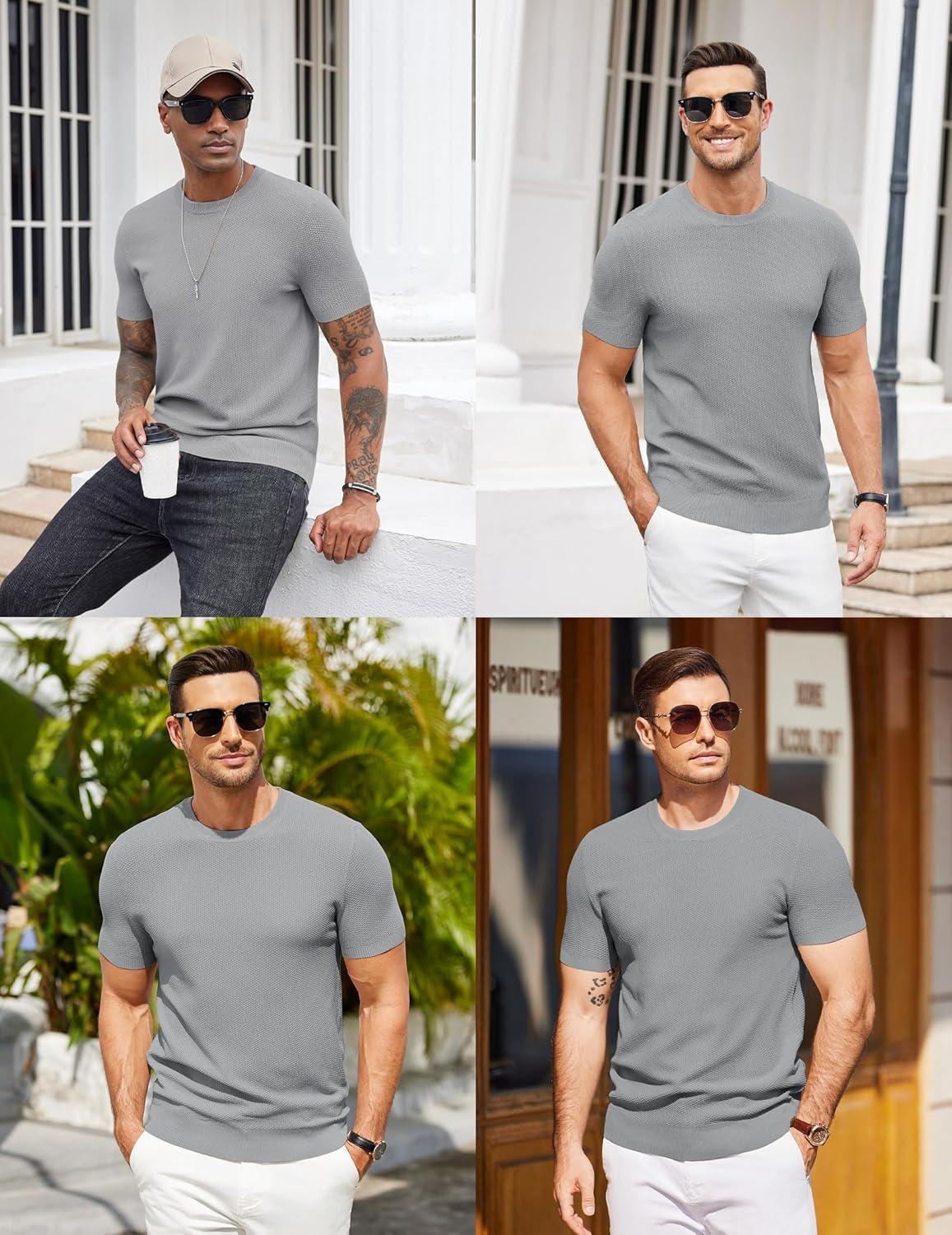 imageCOOFANDY Mens Knit TShirts Summer Waffle Shirts Vintage Shirts Short Sleeve Crew Neck Tee Shirt Casual Crochet TopLight Grey