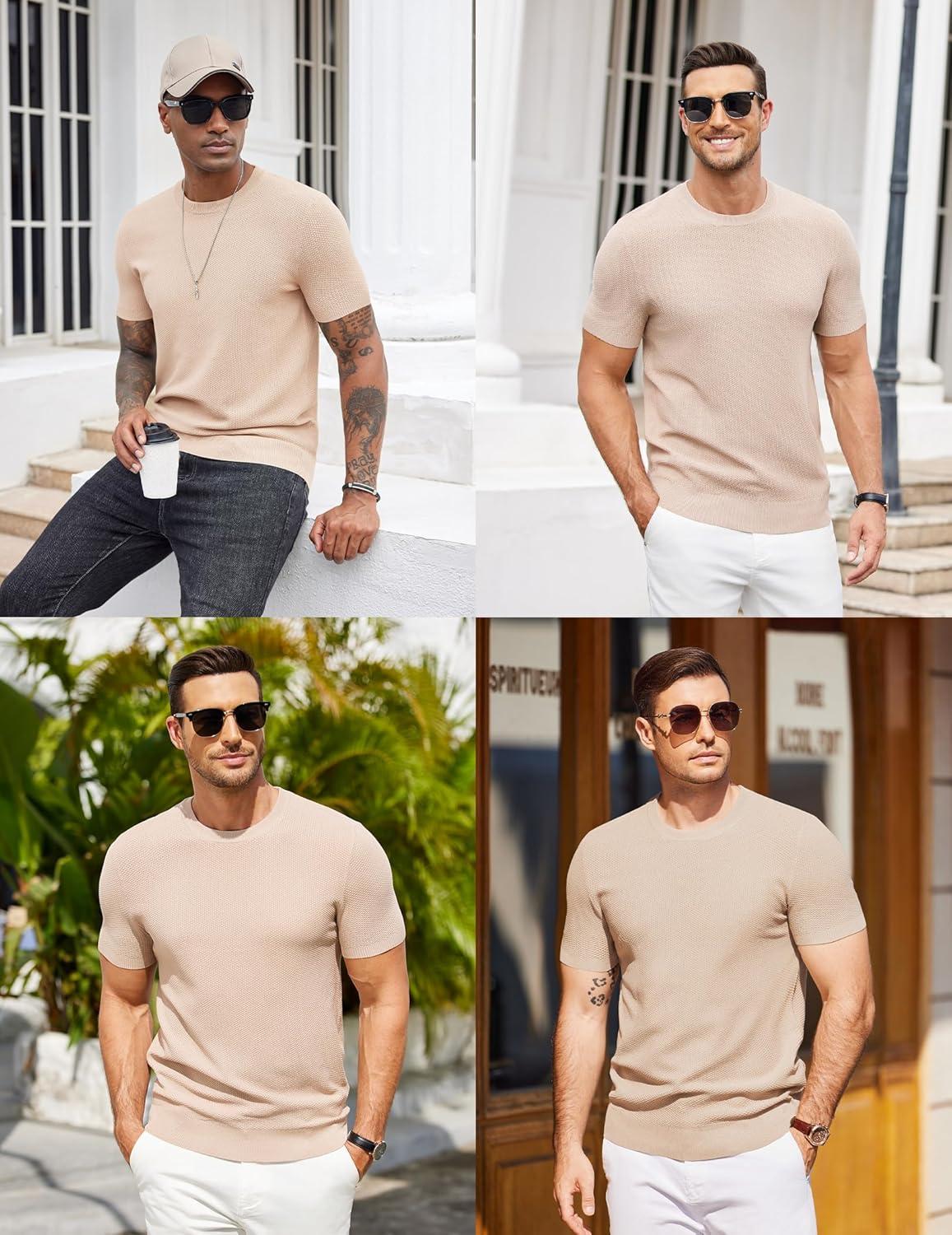 imageCOOFANDY Mens Knit TShirts Summer Waffle Shirts Vintage Shirts Short Sleeve Crew Neck Tee Shirt Casual Crochet TopLight Khaki