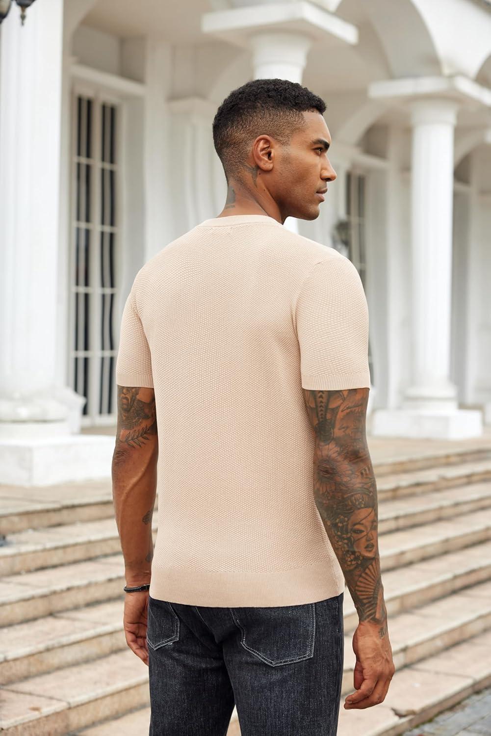 imageCOOFANDY Mens Knit TShirts Summer Waffle Shirts Vintage Shirts Short Sleeve Crew Neck Tee Shirt Casual Crochet TopLight Khaki