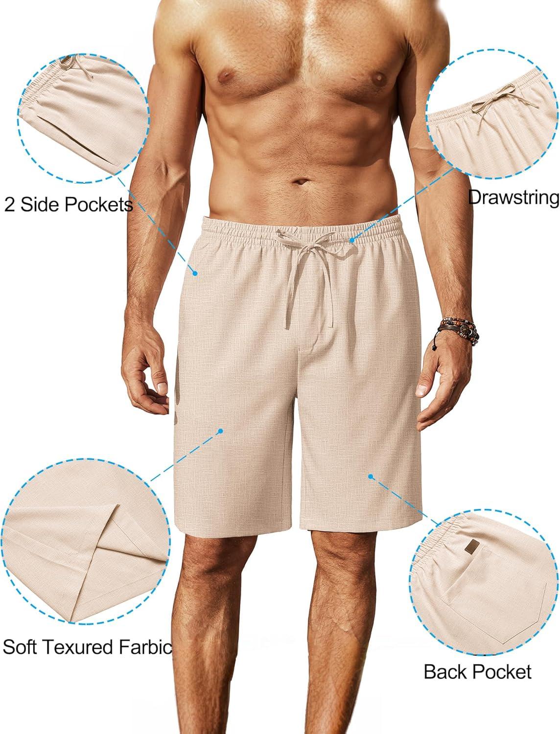 imageCOOFANDY Mens Linen Shorts 9 Elastic Waist Drawstring Casual Shorts Lightweight Summer Beach ShortsBeige