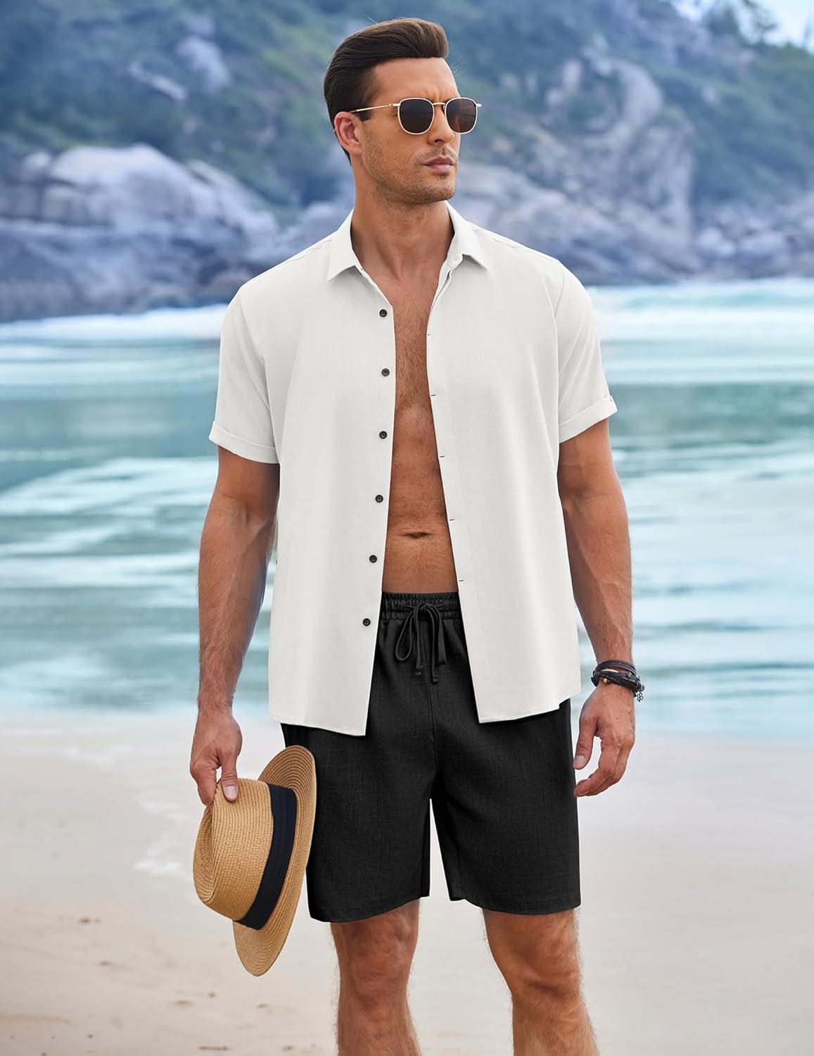 imageCOOFANDY Mens Linen Shorts 9 Elastic Waist Drawstring Casual Shorts Lightweight Summer Beach ShortsBlack