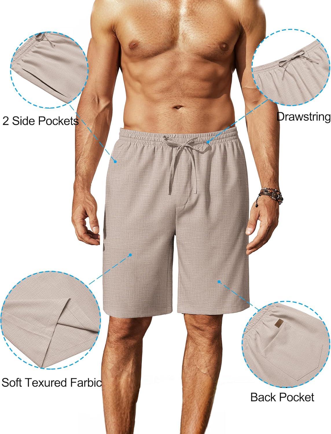 imageCOOFANDY Mens Linen Shorts 9 Elastic Waist Drawstring Casual Shorts Lightweight Summer Beach ShortsKhaki
