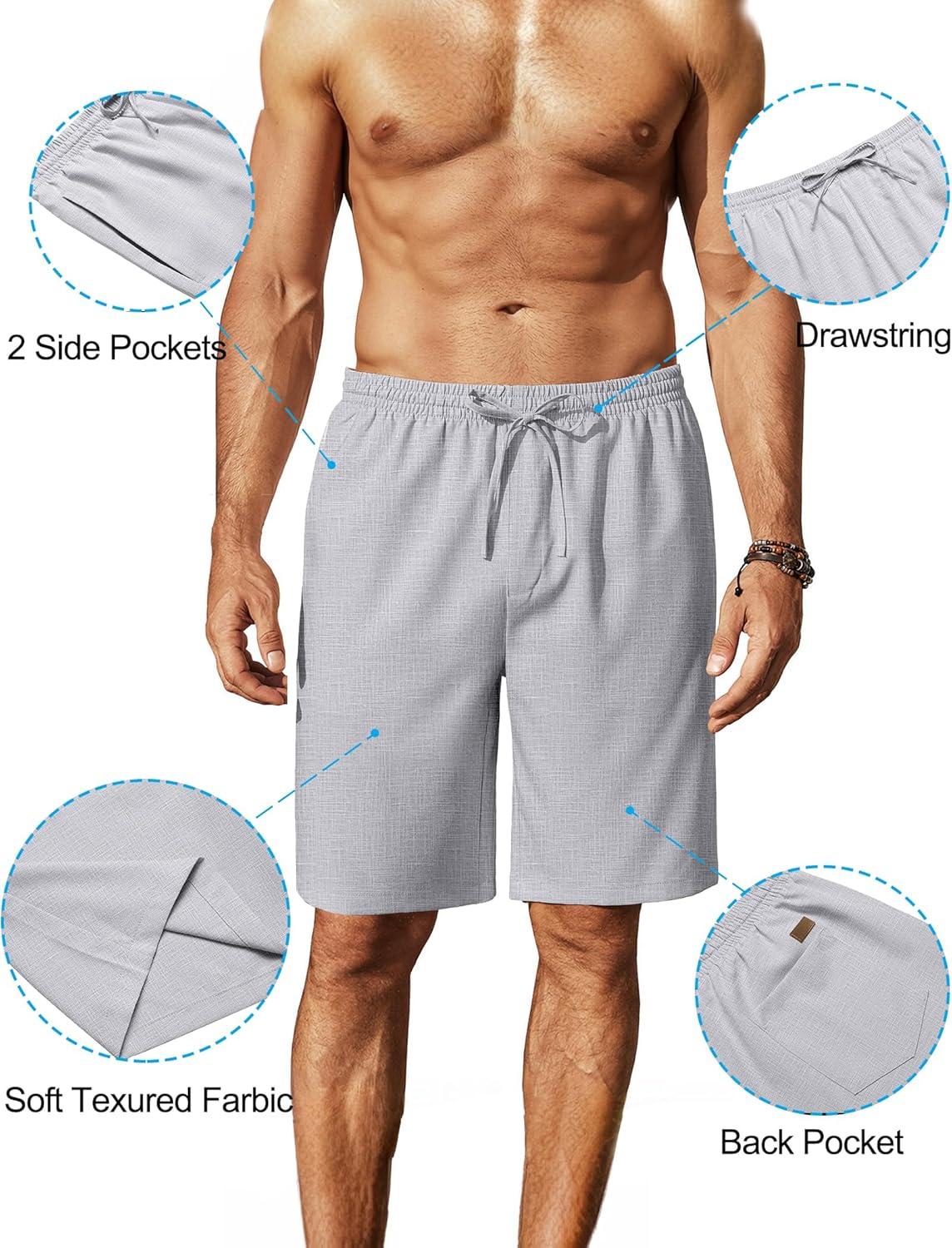 imageCOOFANDY Mens Linen Shorts 9 Elastic Waist Drawstring Casual Shorts Lightweight Summer Beach ShortsLight Grey