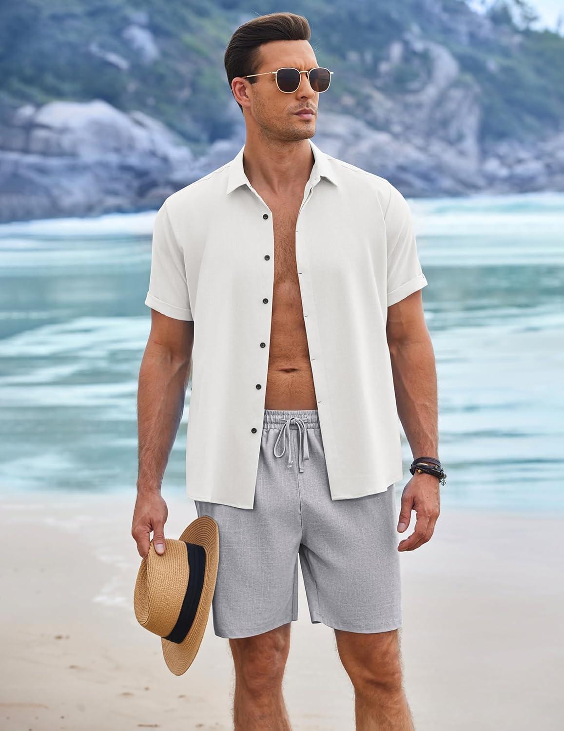 imageCOOFANDY Mens Linen Shorts 9 Elastic Waist Drawstring Casual Shorts Lightweight Summer Beach ShortsLight Grey